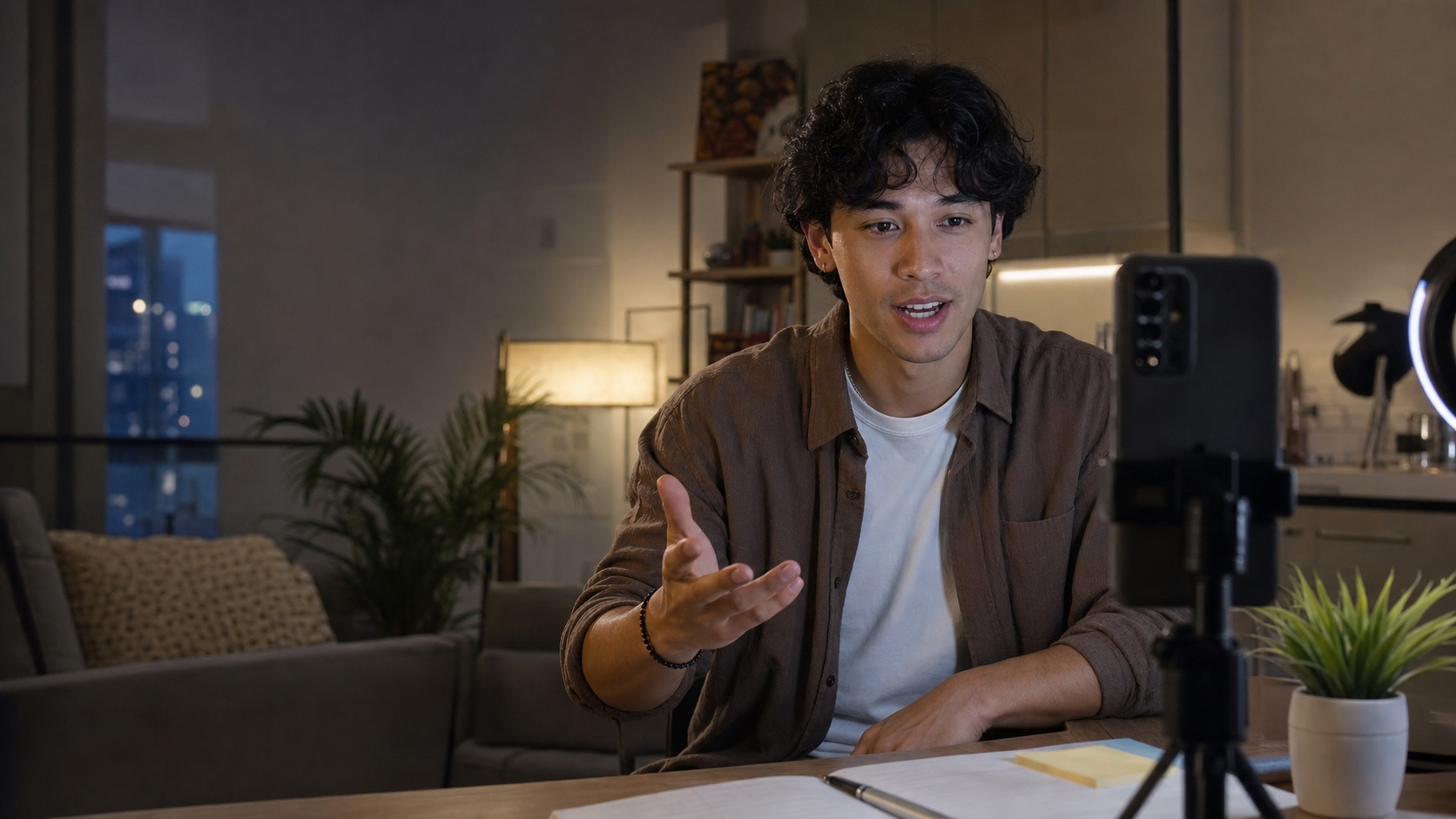 A creator beginning a phone livestream in an apartment studio.