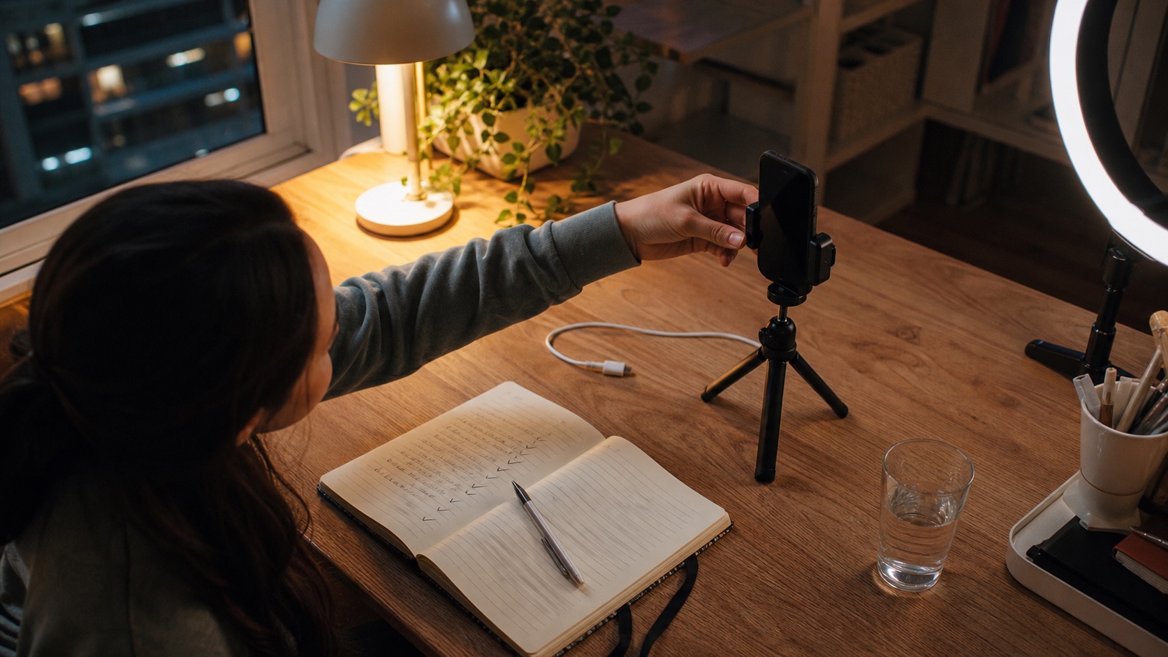 A creator preparing a phone livestream at a desk.