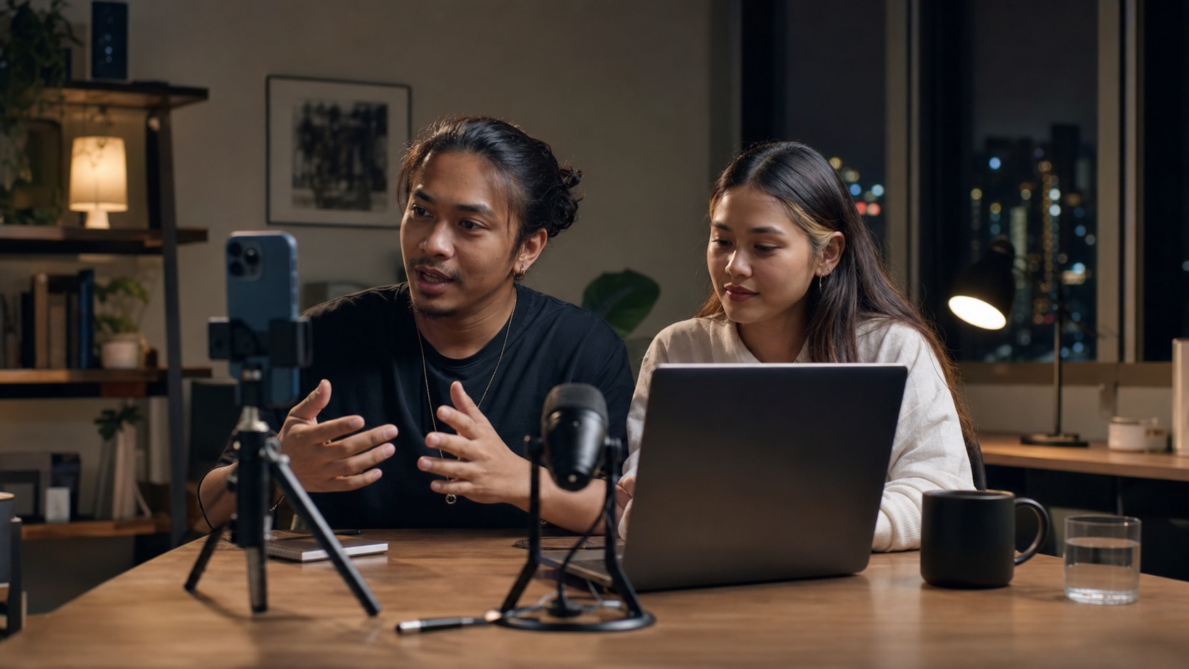 Two creators collaborating on a phone livestream in a home studio.